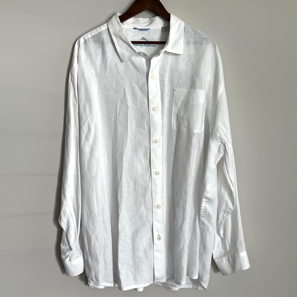 Tommy Bahama Mens 2XLB White 100% Linen Long Sleeve Button Down Shirt
